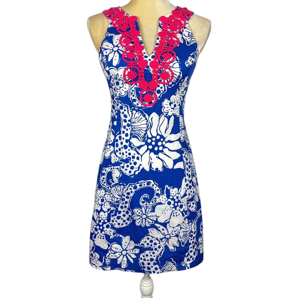 Lilly Pulitzer Augusta Deep Sea Blue Quahog Chowdah Lace Front Shift Dress Sz 0